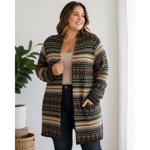 RuffHewn Fair Isle Open Front Cardigan Sweater Wool Blend Multicolor Plus 1X